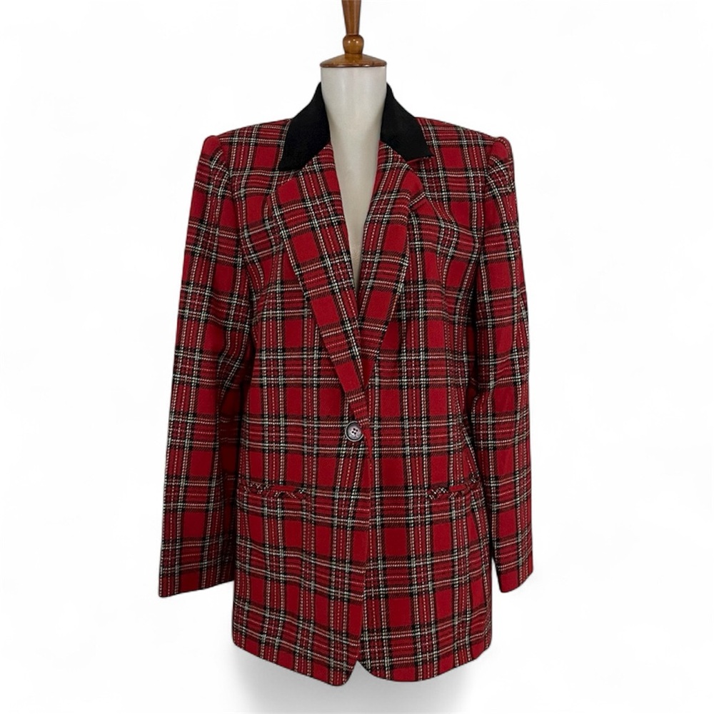 Vintage 90s Red Plaid Blazer Women's 12 Wool Blend 2 Button Long Sleeve